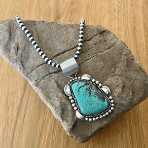 Native American Turquoise #8 Pendant Sterling Silver Pearls Necklace Rena Shelly